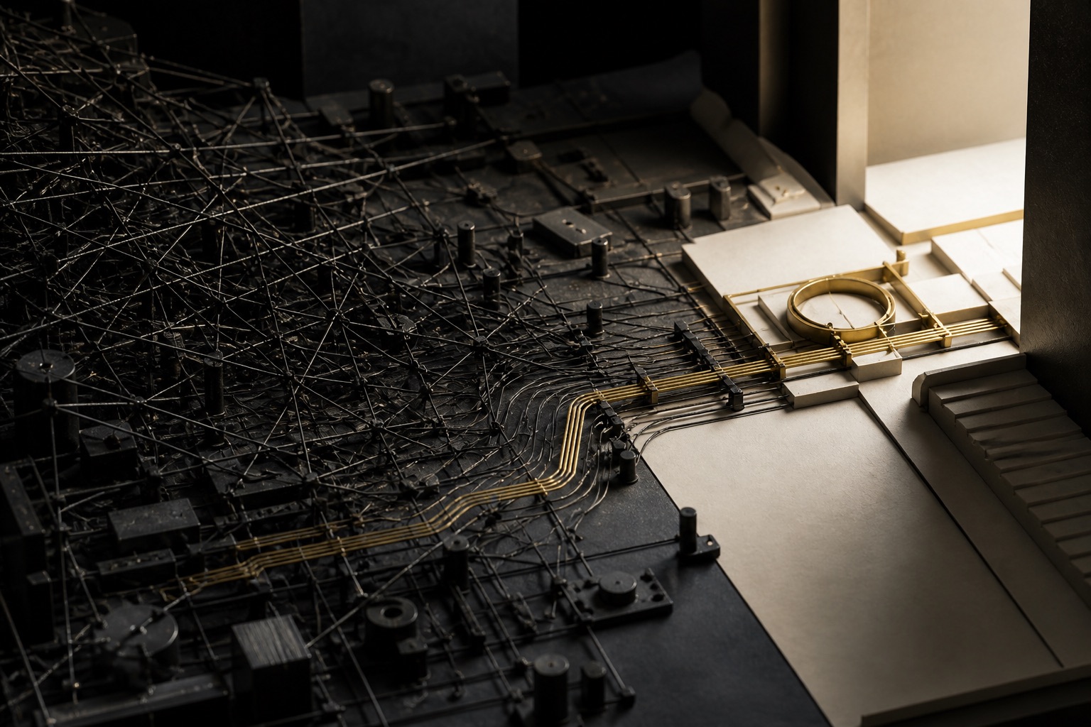 A tangled system of paths resolving into one precise gold route.